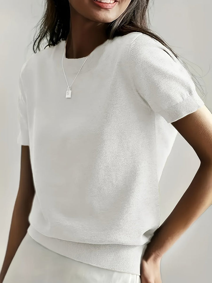 Women's Relaxed Fit Short Sleeve Knit Sweater Top - White
