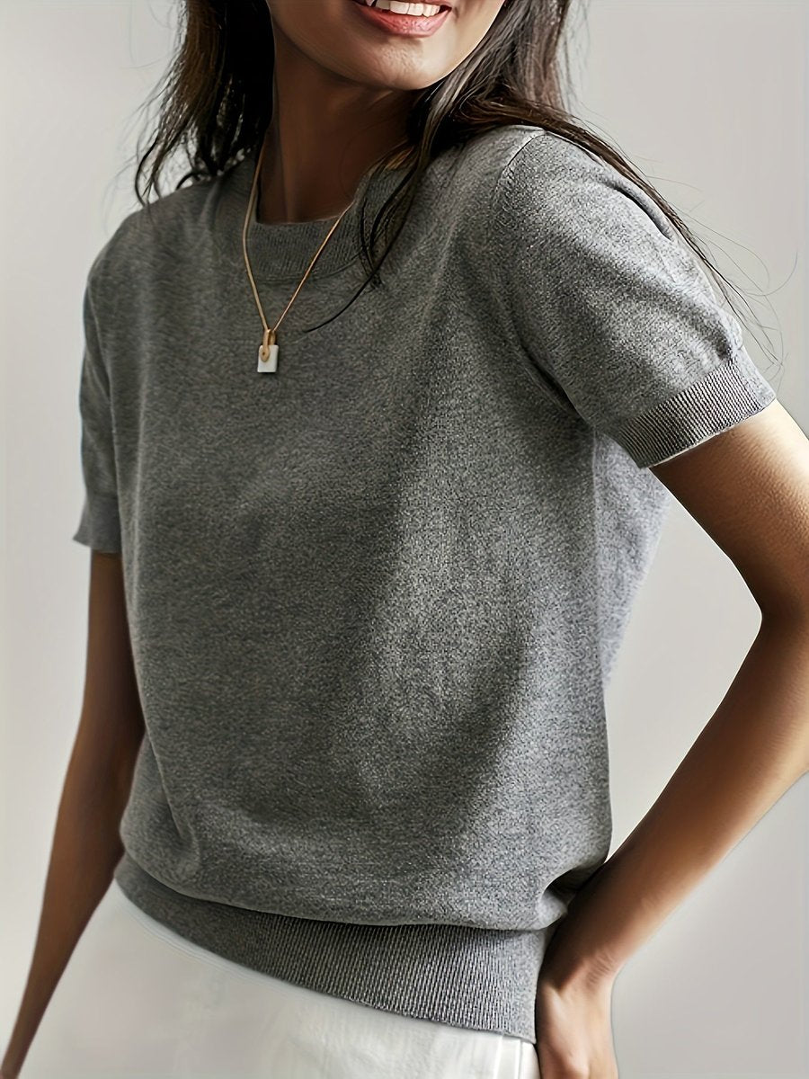 Women's Relaxed Fit Short Sleeve Knit Sweater Top - Grey
