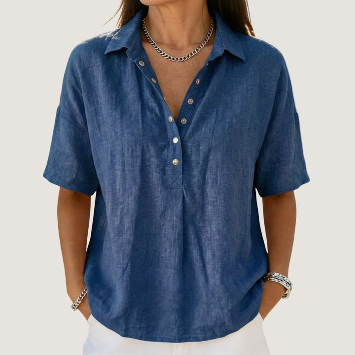 Women's Relaxed-Fit Short-Sleeve Snap-Button Collared Linen Shirt