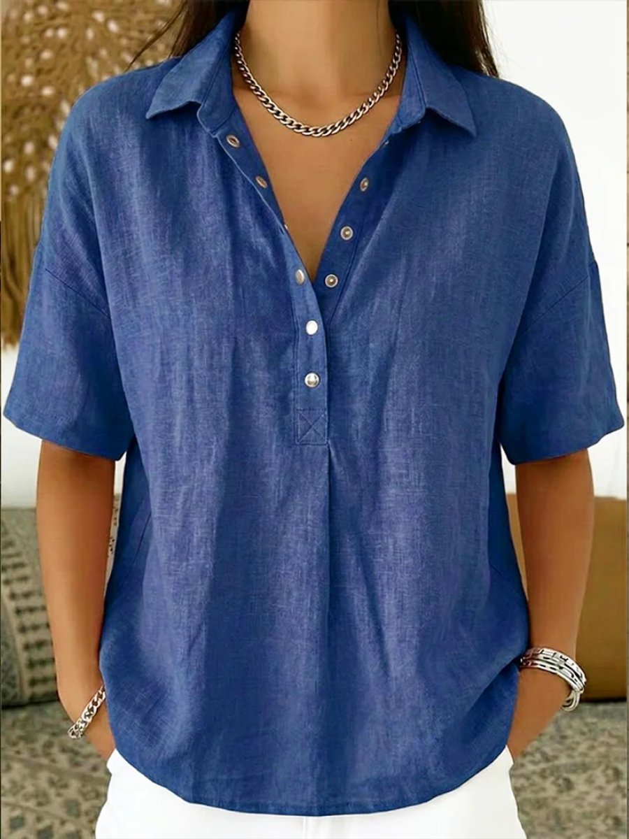 Women's Relaxed-Fit Short-Sleeve Snap-Button Collared Linen Shirt - Blue