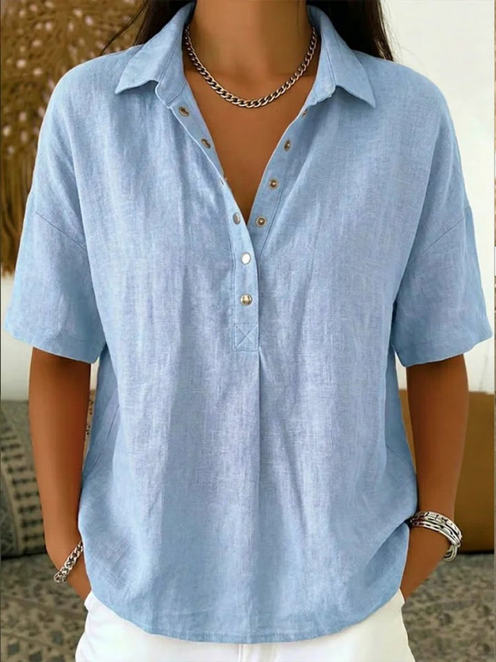 Women's Relaxed-Fit Short-Sleeve Snap-Button Collared Linen Shirt - Light Blue
