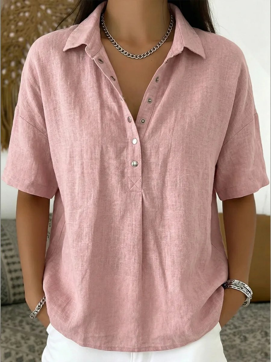 Women's Relaxed-Fit Short-Sleeve Snap-Button Collared Linen Shirt - Pink