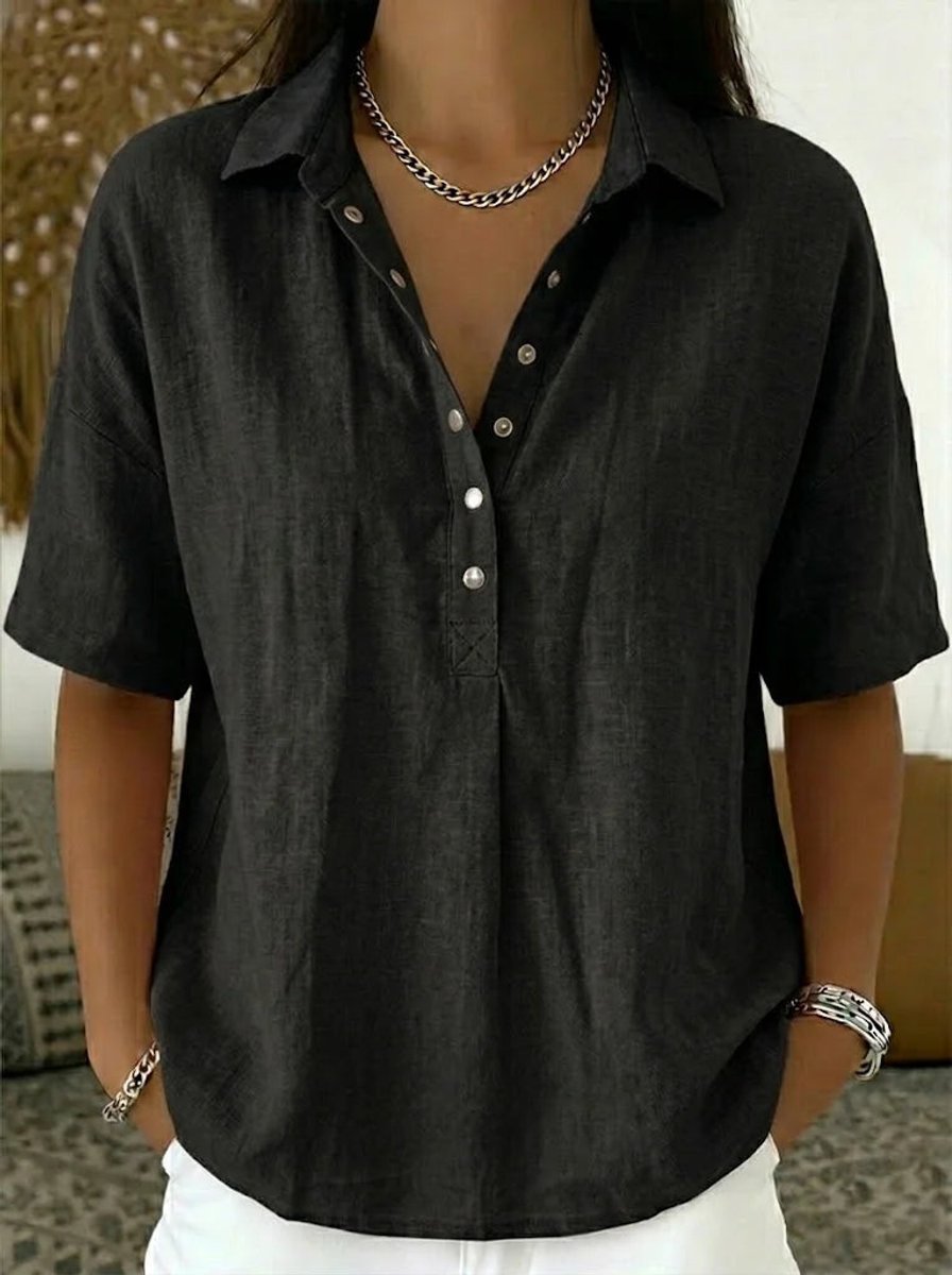 Women's Relaxed-Fit Short-Sleeve Snap-Button Collared Linen Shirt - Black