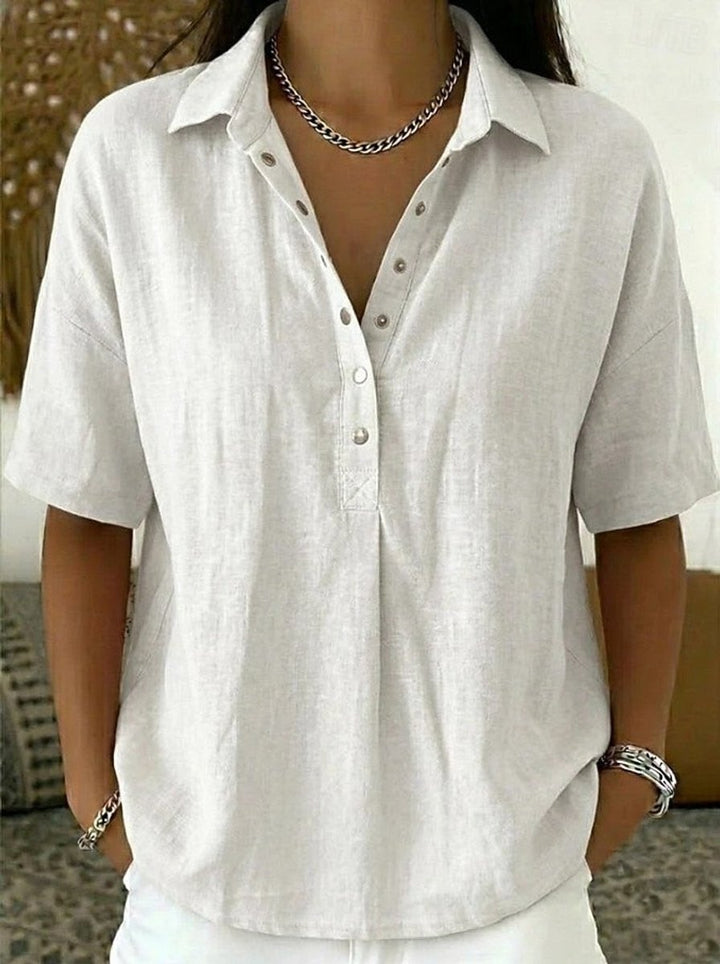 Women's Relaxed-Fit Short-Sleeve Snap-Button Collared Linen Shirt - White