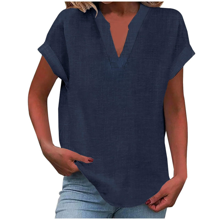 Women's Relaxed-Fit Short-Sleeve V-Neck Blouse - Navy Blue
