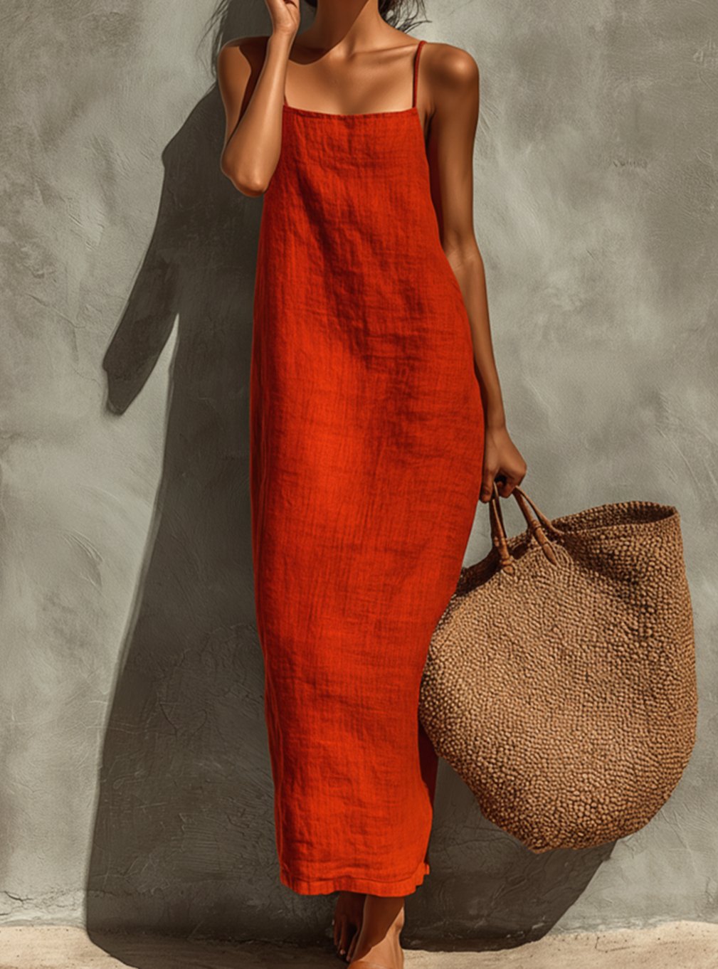 Women's Relaxed-Fit Square-Neck Spaghetti-Strap Linen Maxi Dress - Red