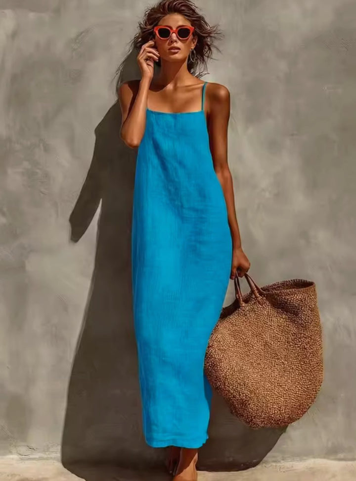 Women's Relaxed-Fit Square-Neck Spaghetti-Strap Linen Maxi Dress - Blue