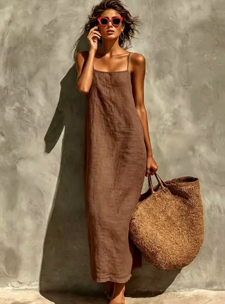 Women's Relaxed-Fit Square-Neck Spaghetti-Strap Linen Maxi Dress - Brown