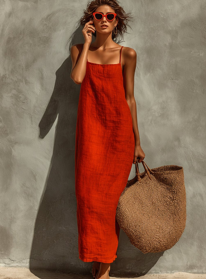 Women's Relaxed-Fit Square-Neck Spaghetti-Strap Linen Maxi Dress