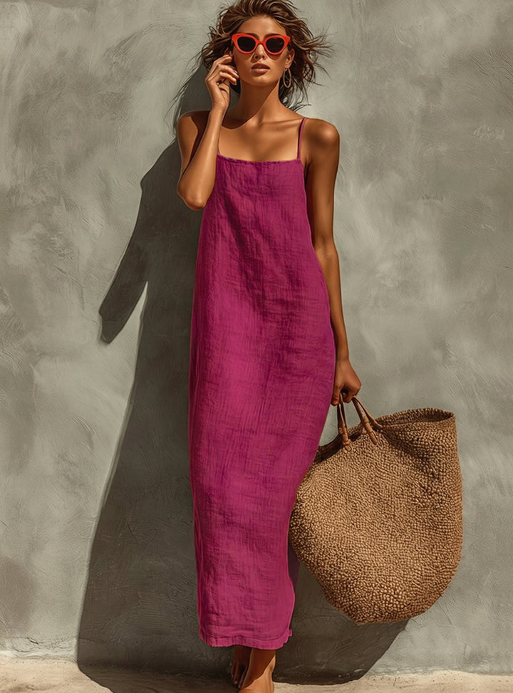 Women's Relaxed-Fit Square-Neck Spaghetti-Strap Linen Maxi Dress - Purple