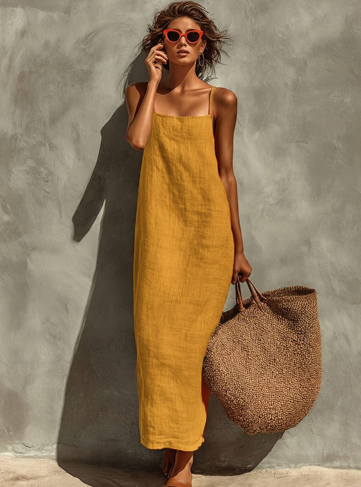 Women's Relaxed-Fit Square-Neck Spaghetti-Strap Linen Maxi Dress