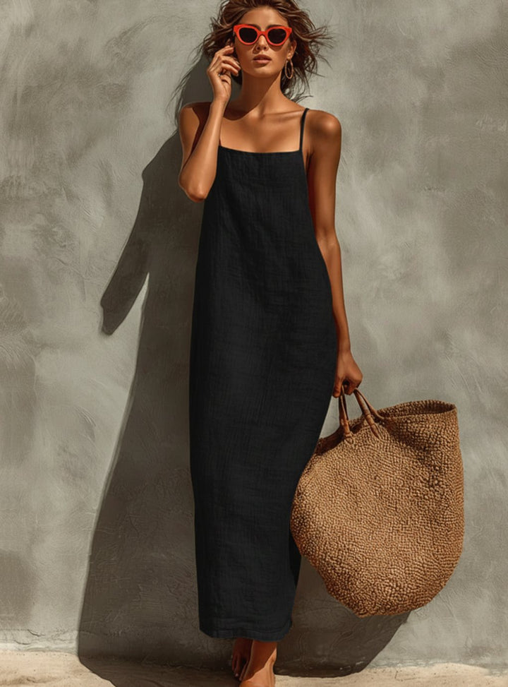 Women's Relaxed-Fit Square-Neck Spaghetti-Strap Linen Maxi Dress - Black