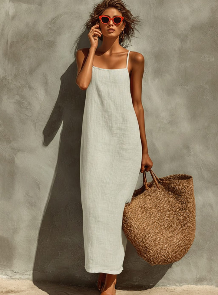 Women's Relaxed-Fit Square-Neck Spaghetti-Strap Linen Maxi Dress - White
