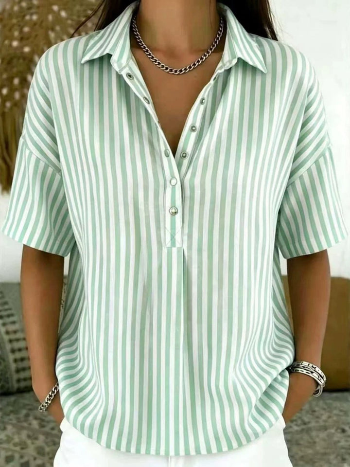 Women's Relaxed-Fit Striped Collared Short-Sleeve Blouse - Light Green