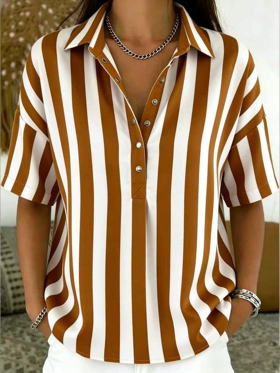 Women's Relaxed-Fit Striped Collared Short-Sleeve Blouse - Brown