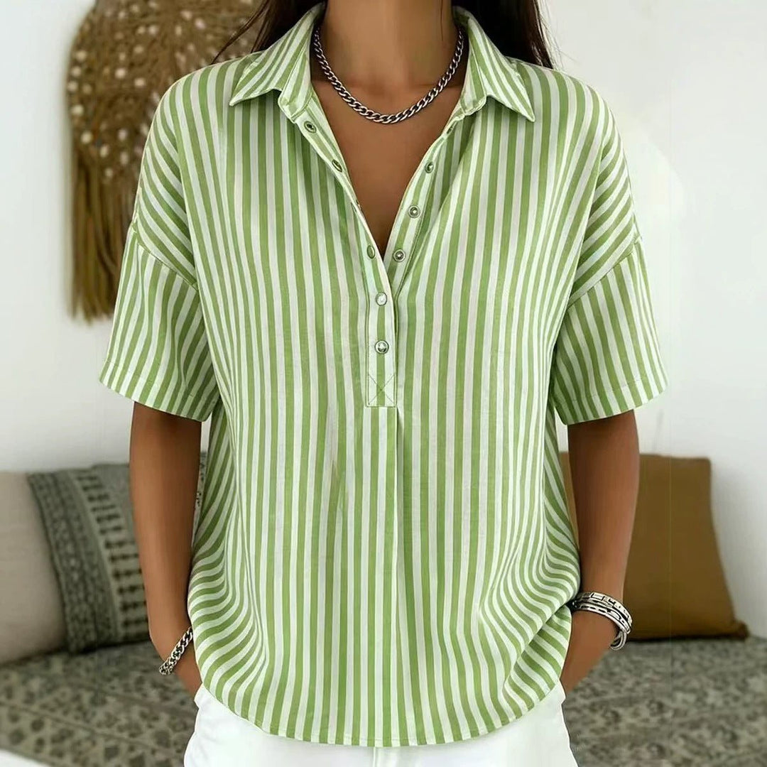 Women's Relaxed-Fit Striped Collared Short-Sleeve Blouse - Dark Green