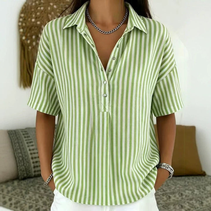 Women's Relaxed-Fit Striped Collared Short-Sleeve Blouse - Dark Green