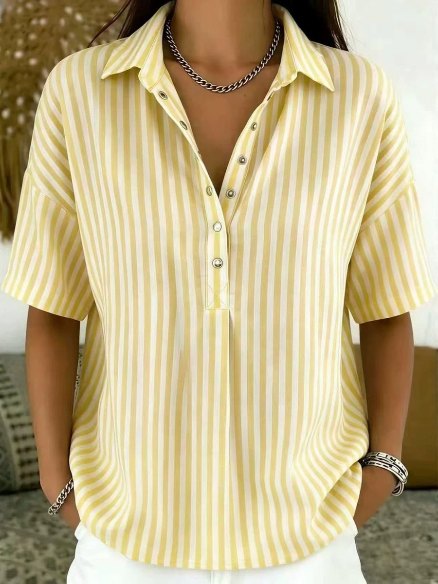 Women's Relaxed-Fit Striped Collared Short-Sleeve Blouse - Yellow