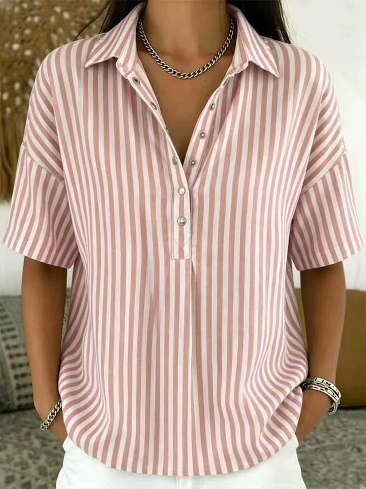 Women's Relaxed-Fit Striped Collared Short-Sleeve Blouse - Pink