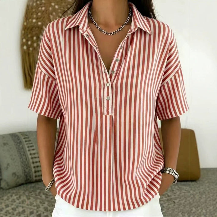 Women's Relaxed-Fit Striped Collared Short-Sleeve Blouse - Red