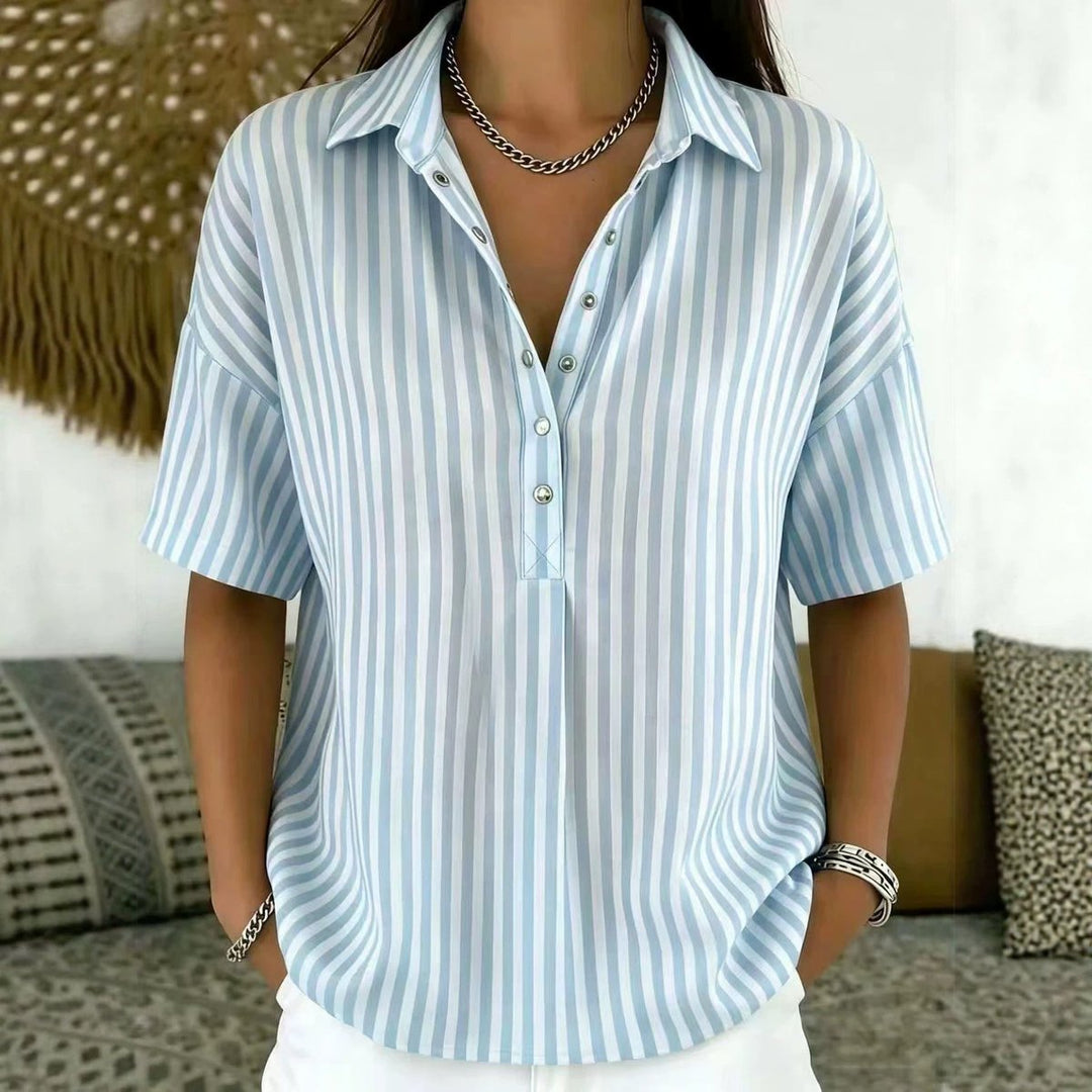 Women's Relaxed-Fit Striped Collared Short-Sleeve Blouse - Blue