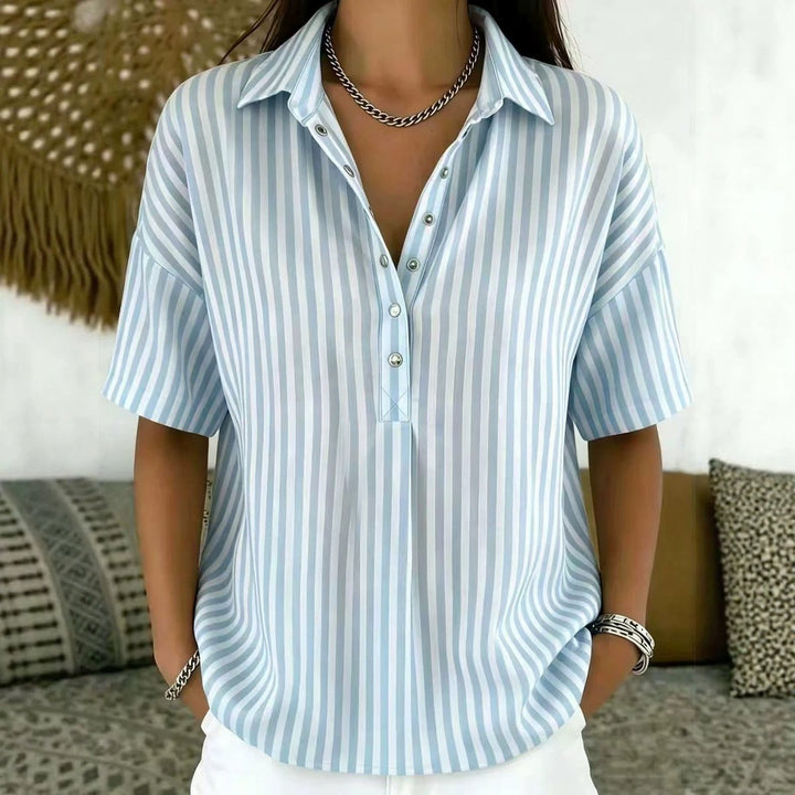 Women's Relaxed-Fit Striped Collared Short-Sleeve Blouse - Blue