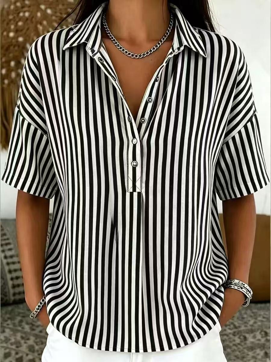 Women's Relaxed-Fit Striped Collared Short-Sleeve Blouse - Black