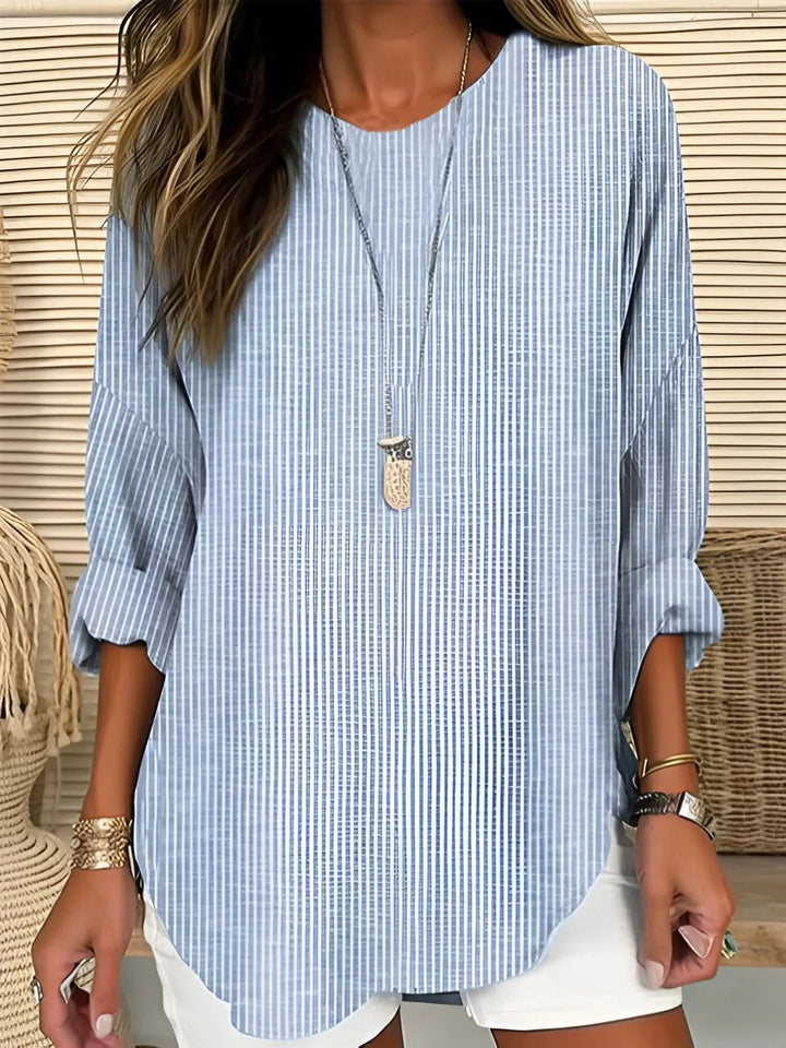 Women's Relaxed-Fit Striped Crew-Neck Long-Sleeve Blouse - Blue