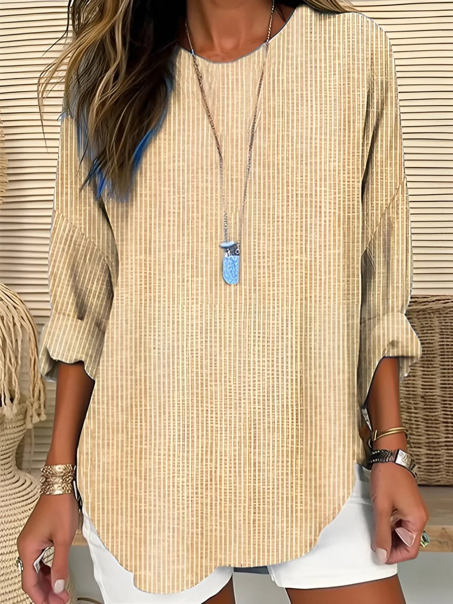Women's Relaxed-Fit Striped Crew-Neck Long-Sleeve Blouse - Khaki