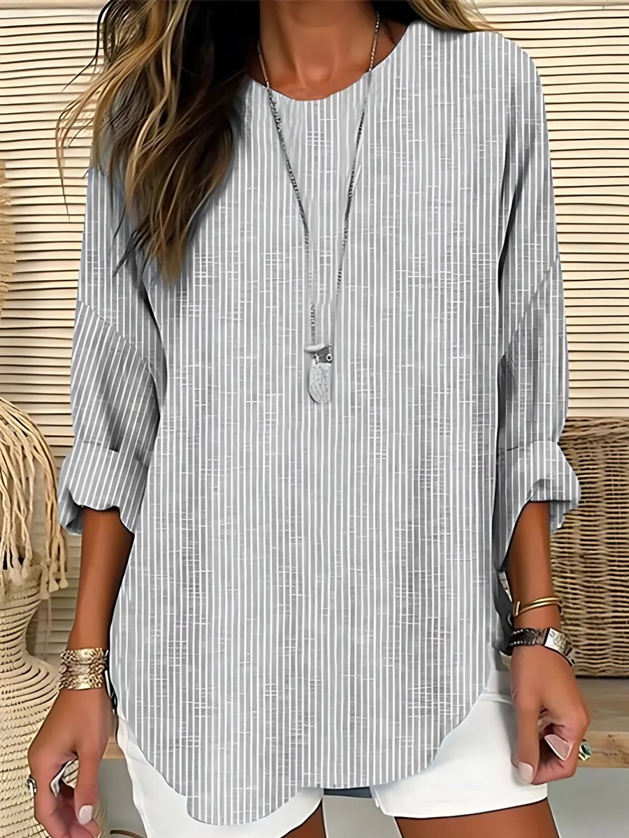 Women's Relaxed-Fit Striped Crew-Neck Long-Sleeve Blouse - Grey
