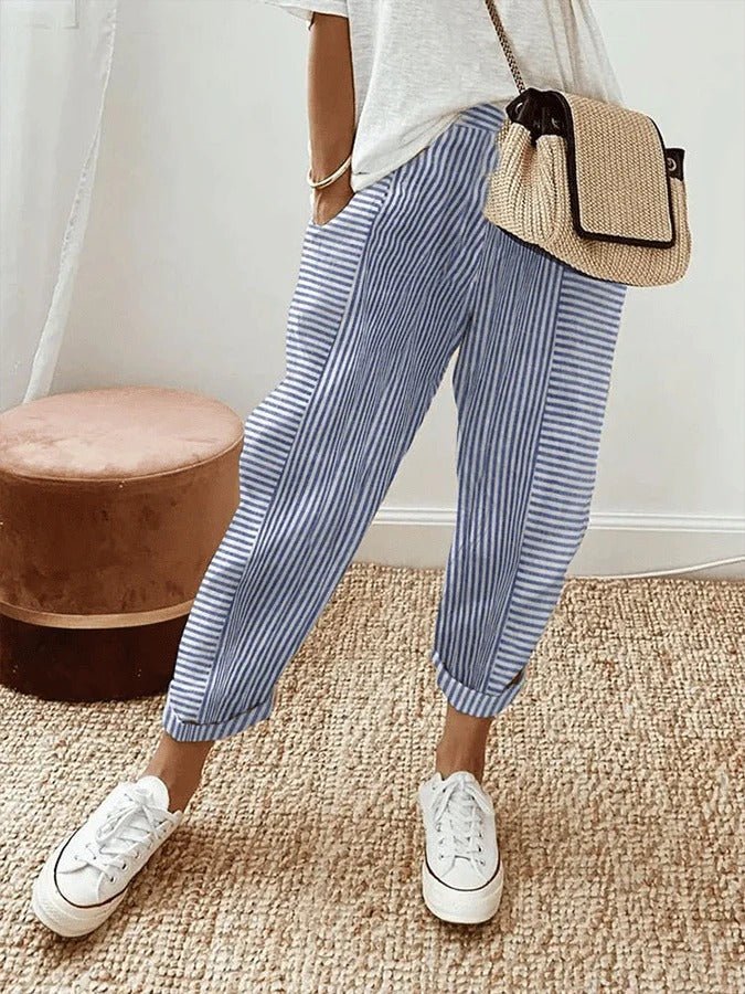 Women's Relaxed-Fit Striped Linen Trousers - Blue
