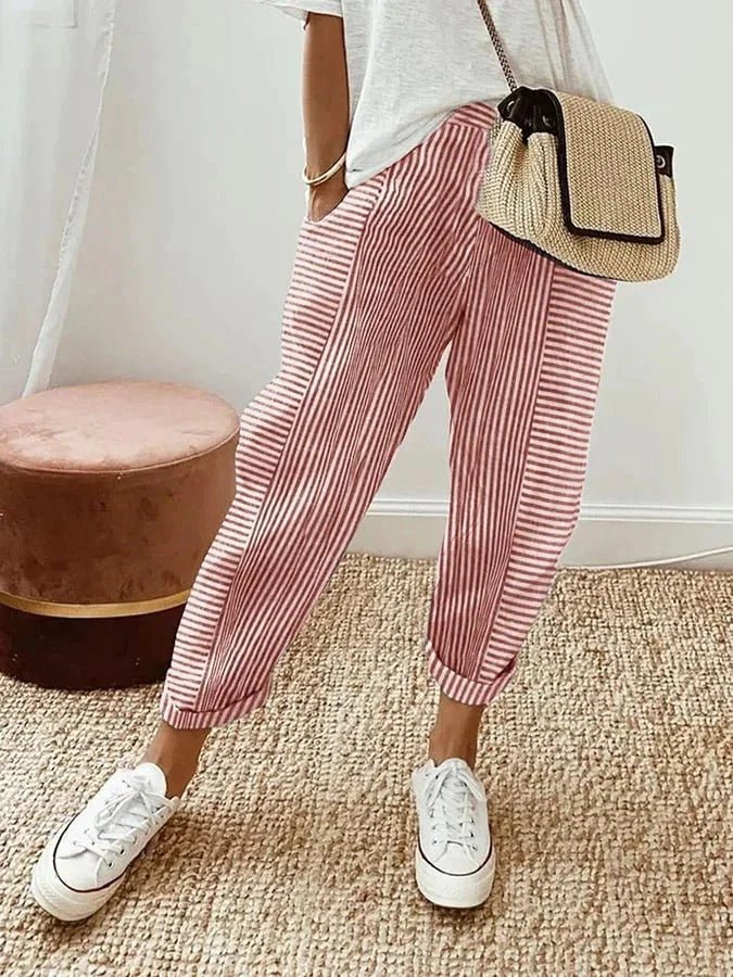Women's Relaxed-Fit Striped Linen Trousers - Red