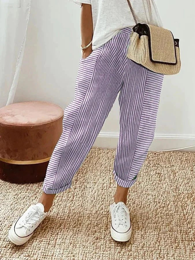 Women's Relaxed-Fit Striped Linen Trousers - Purple