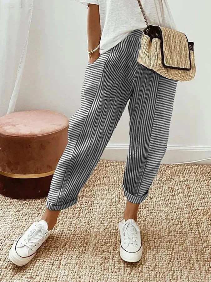 Women's Relaxed-Fit Striped Linen Trousers - Black