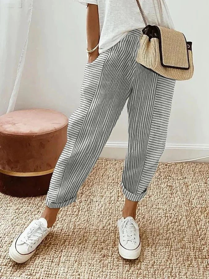 Women's Relaxed-Fit Striped Linen Trousers - Gray