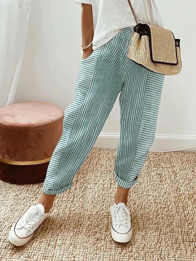 Women's Relaxed-Fit Striped Linen Trousers - Green