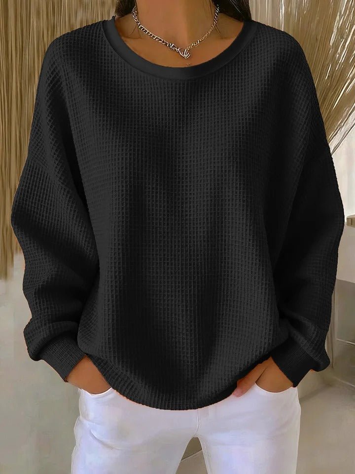 Women's Relaxed-Fit Textured Waffle-Knit Jumper - Black