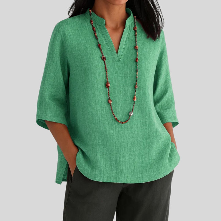 Women's Relaxed-Fit V-Neck 3/4 Sleeve Linen Tunic Top - Green