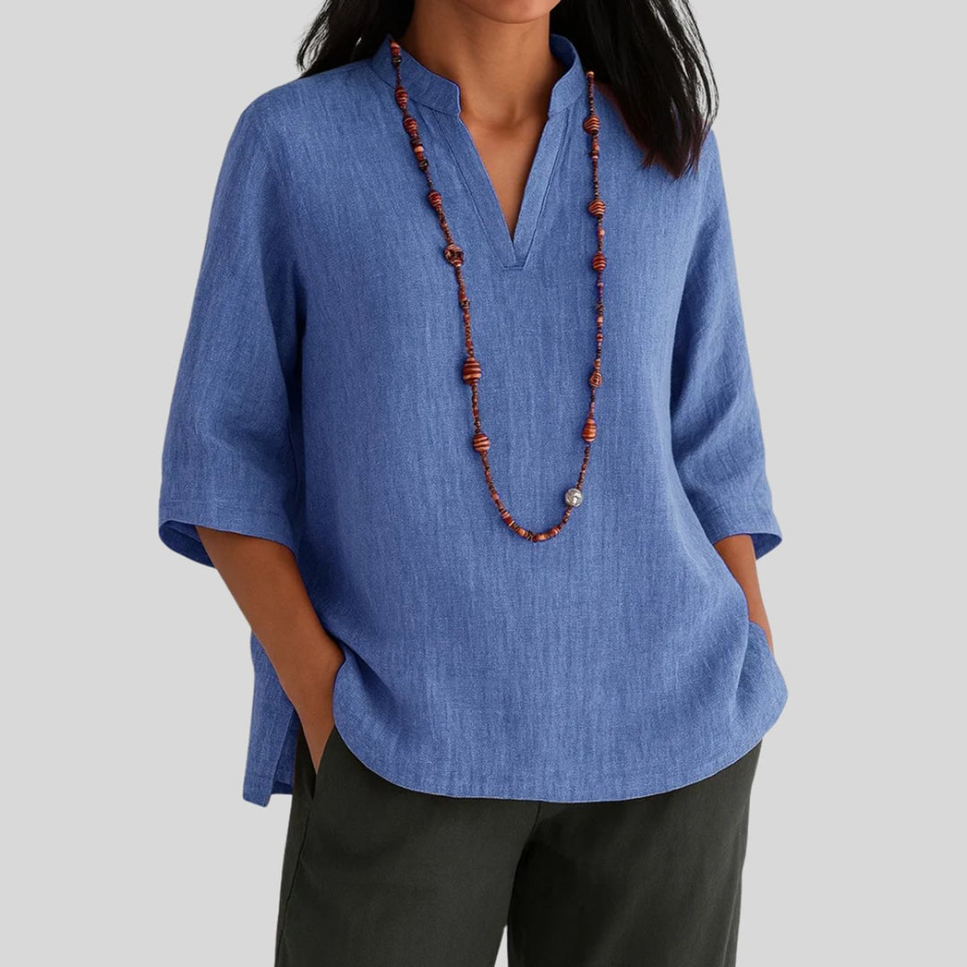 Women's Relaxed-Fit V-Neck 3/4 Sleeve Linen Tunic Top - Blue