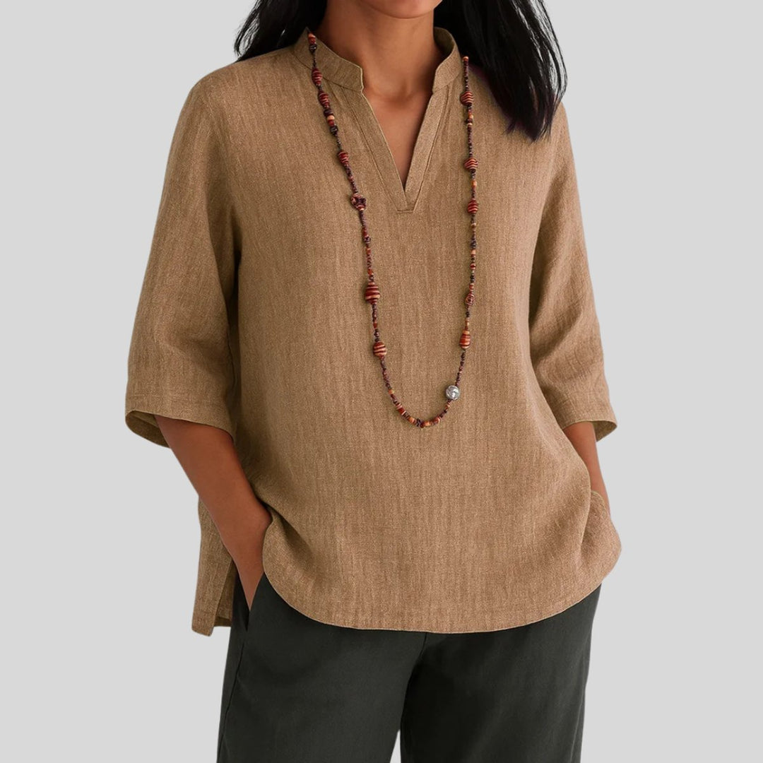 Women's Relaxed-Fit V-Neck 3/4 Sleeve Linen Tunic Top - Brown