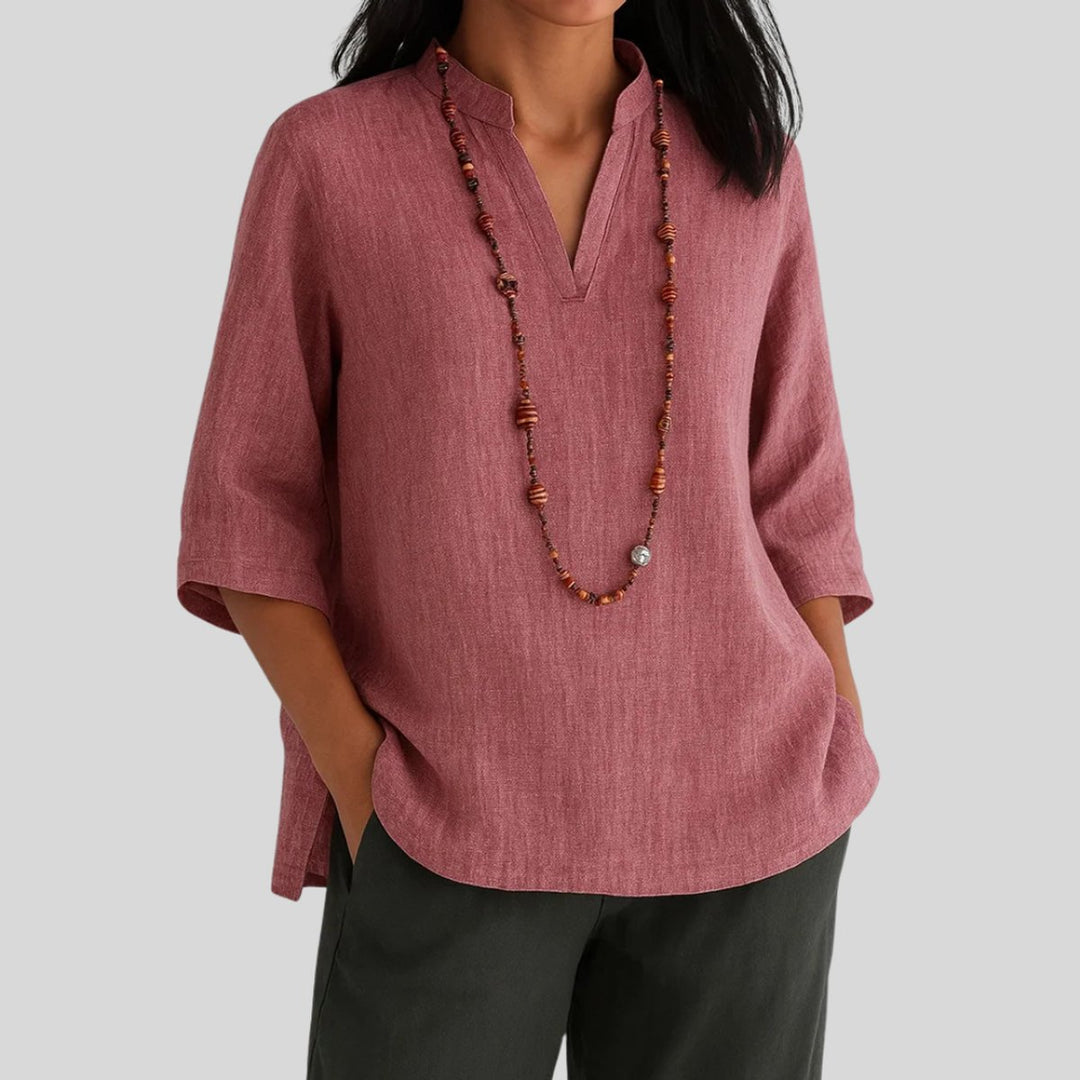 Women's Relaxed-Fit V-Neck 3/4 Sleeve Linen Tunic Top - Red