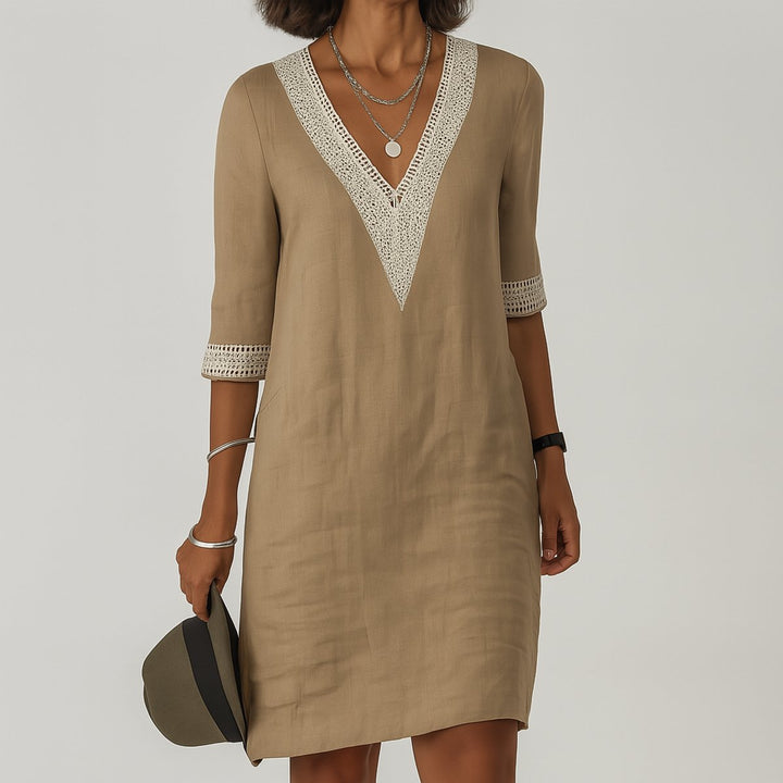 Women's Relaxed-Fit V-Neck Crochet-Trim Long Sleeve Dress - Khaki
