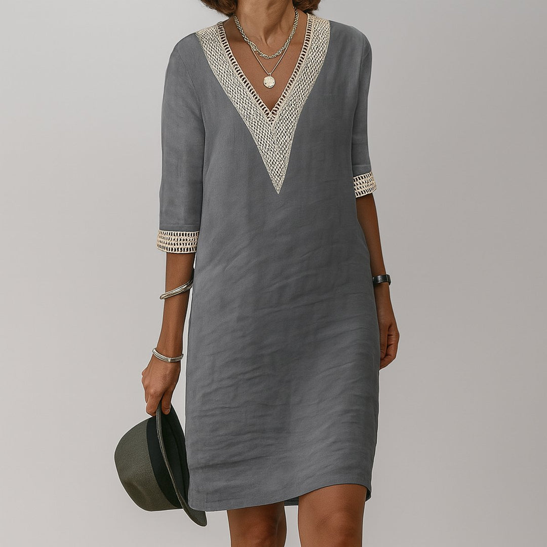 Women's Relaxed-Fit V-Neck Crochet-Trim Long Sleeve Dress - Grey
