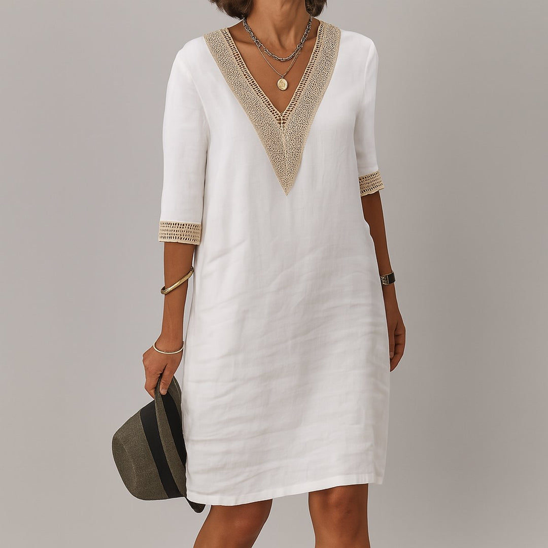 Women's Relaxed-Fit V-Neck Crochet-Trim Long Sleeve Dress - White