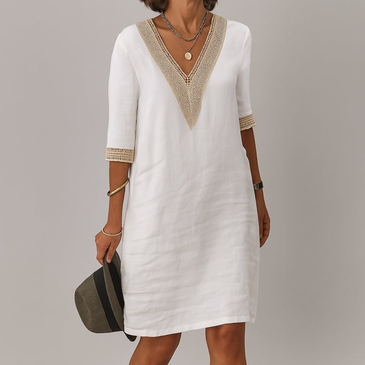 Women's Relaxed-Fit V-Neck Crochet-Trim Long Sleeve Dress - White