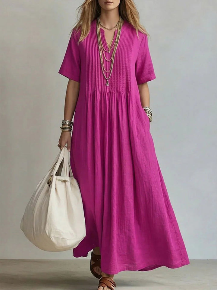 Women's Relaxed-Fit V-Neck Pleated Linen Maxi Dress - Pink