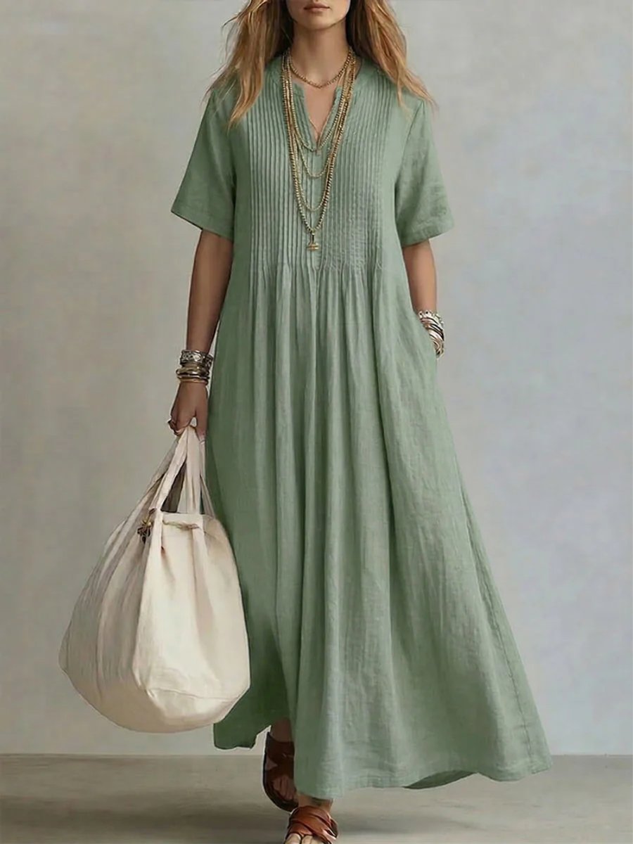 Women's Relaxed-Fit V-Neck Pleated Linen Maxi Dress - Green