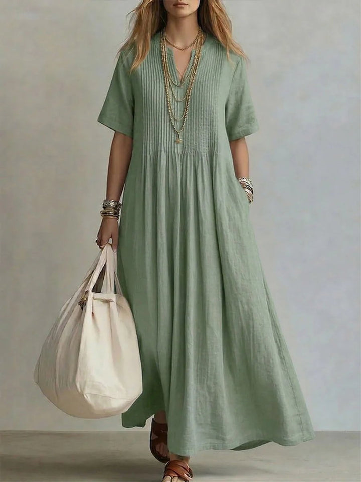 Women's Relaxed-Fit V-Neck Pleated Linen Maxi Dress - Green