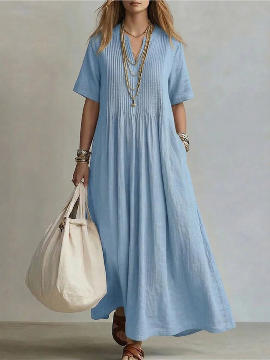 Women's Relaxed-Fit V-Neck Pleated Linen Maxi Dress - Blue