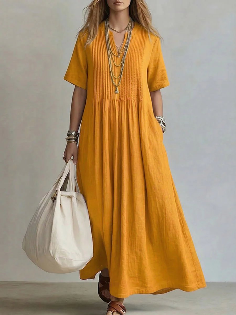Women's Relaxed-Fit V-Neck Pleated Linen Maxi Dress - Yellow